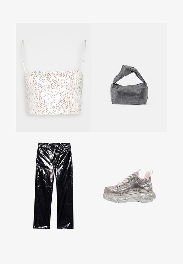 Gina Tricot SHIMMER CROPPED - Top - offwhite; Čierne, lesklé, umelé kožené nohavice so širokými nohavicami, klasickým dizajnom s piatimi vreckami, zapínaním na gombík a zips a lesklou textúrou.; Masívne metalicky strieborné a ružové tenisky s trblietavými panelmi, bielymi šnúrkami, hrubou tvarovanou podrážkou a značkovým pásikom na päte.; Čierna a strieborná kabelka s textúrovaným povrchom so vzorom diamantov, s uzlovou rukoväťou a štruktúrovaným tvarom.