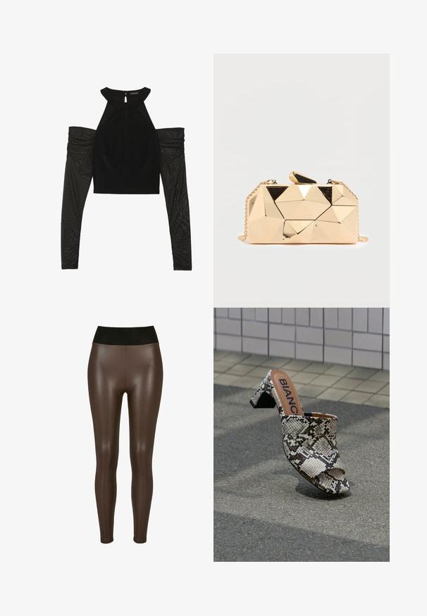 Sort crop top med høj hals og åbne skuldre. Lange, gennemsigtige meshærmer med samlet stofdetalje. Nøglehulslukning bagpå.; Brune faux læder leggings med en høj sort talje, der har en glat, blank finish og en tætsiddende design til anklerne.; Åben-tået mule med blokhæl og slangeskindsprint samt synligt mærkenavn på indersålen, placeret på en tekstureret udendørs overflade.; Guld clutch taske i geometrisk form med en skinnende metallisk overflade, med en sort detalje på toppen og en aftagelig kædestrop.