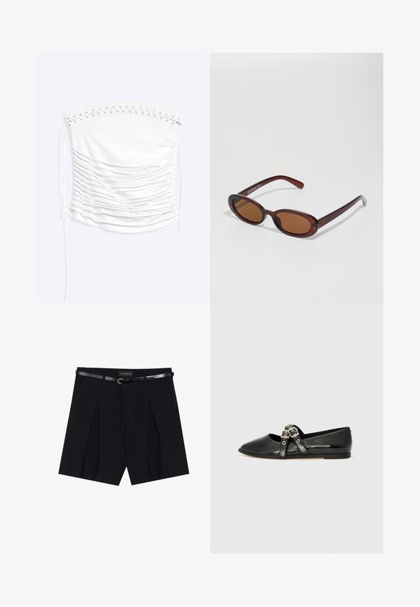 Top blanco sin tirantes con bordes de encaje y detalles fruncidos en la parte delantera, diseñado con cordones en ambos lados.; Shorts negros a medida con pliegues, que cuentan con un cinturón negro delgado con hebilla dorada. Elaborados en un tejido suave, ofrecen un aspecto pulido.; Zapato plano de charol negro con puntera afilada, que presenta una doble correa adornada con hebillas plateadas y un tacón bajo. Textura suave.; Gafas de sol redondas con tinte marrón y un marco burdeos brillante. Patillas delgadas con un sutil detalle de marca. Diseño de lentes planos.