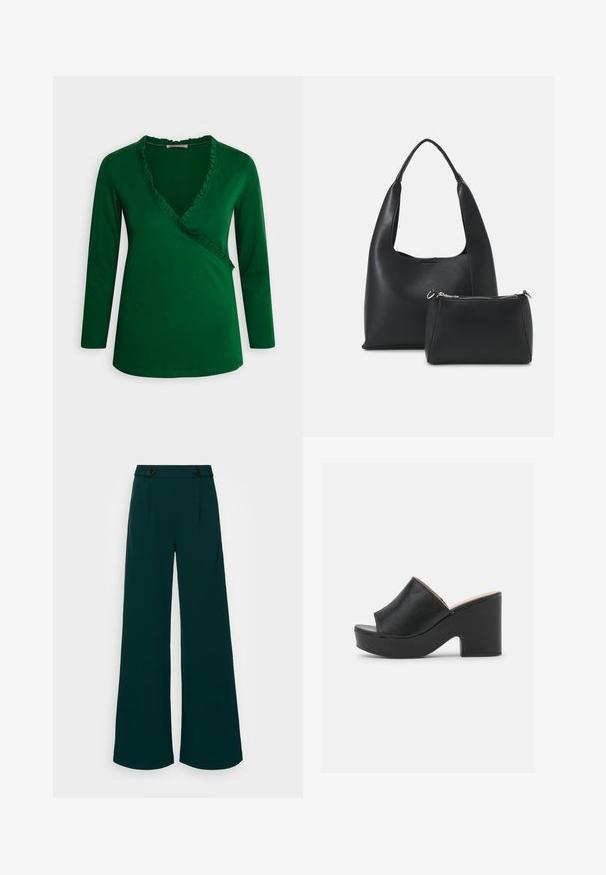 Anna Field Langærmet T-shirt - dark green; Bredde bukser i mørk teal stof, med høj talje og dobbelte knaplukninger, skarpe folder og en glat, strømlinet tekstur.; Sorte læder open-toe mules har et bredt forreste strop og en chunky, høj platformhæl med en glat tekstur. Vist fra siden.; Even&Odd Håndtasker - black
