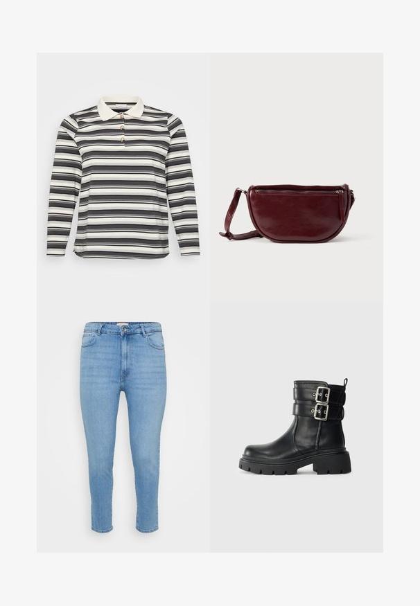 Langærmet polo skjorte med et sort og hvidt stribet mønster, der har en kontrasterende hvid krave og tre dekorerende knapdetaljer.; Lyseblå højtaljede skinny jeans med knap- og lynlås-lukning, for- og baglommer, samt ankellængde.; Sort læder ankelstøvle med kraftig sål og to sølvfarvede spænder på siden, isoleret på en lys baggrund.; Vinrød læderhåndtaske med halvmåneform, lynlås og aftagelig rem. Glat tekstur med en subtil glans.