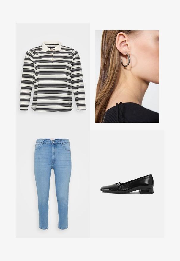 Polo shirt met lange mouwen in een zwart-wit gestreept patroon, voorzien van een contrasterende witte kraag en drie decoratieve knoopaccenten.; Lichtblauwe hoge taille skinny jeans met knoop- en ritssluiting, voor- en achterzakken en enkel-langte snit.; Zwarte laarzen van gepatenteerd leer met een puntige neus, een lage vierkante hak en een kleine metalen gespdetail op de band. Gladde textuur.; Zilveren oorbel met een gepolijste afwerking, met kleine gouden accentdetails en een ronde vorm, gedragen op de oorlel.