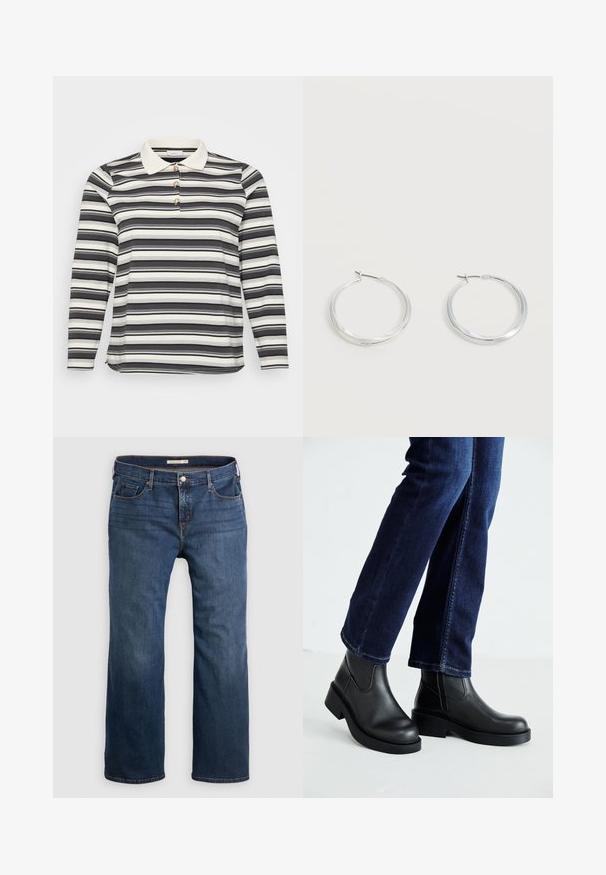 Polo shirt met lange mouwen in een zwart-wit gestreept patroon, voorzien van een contrasterende witte kraag en drie decoratieve knoopaccenten.; Donkerblauwe denim jeans met een rechte pasvorm, voorzien van vijf zakken, een knoopsluiting en subtiele stikdetails langs de naden.; Zwarte leren enkelboots met een dikke zool en zij-elastische panelen, gecombineerd met donkerblauwe jeans. De grond is lichtgekleurd.; Zilverkleurige metalen creolen oorbellen met een glad, licht gebogen oppervlak en sluitingen met haaksluiting op een effen witte achtergrond.
