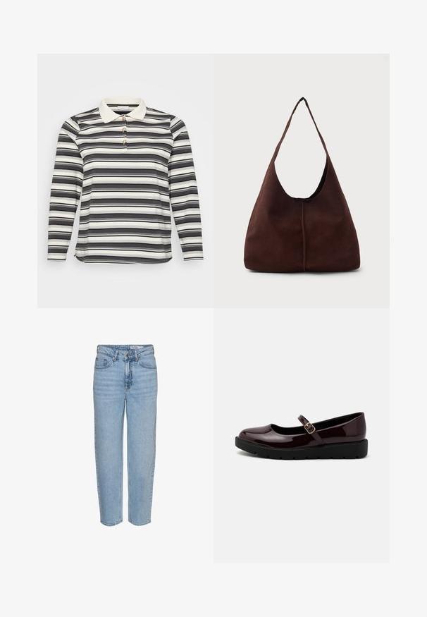 Langærmet polo skjorte med et sort og hvidt stribet mønster, der har en kontrasterende hvid krave og tre dekorerende knapdetaljer.; Lyseblå denimjeans med høj talje, afslappet pasform og lige ben. Har en knaplukning og let falmet effekt på stoffet.; Glinsende burgunderfarvede Mary Jane-sko med en rund tå, justerbar spænde rem og en sort, tekstureret platformsål.; Brun suedette hobo taske med en stor, buet åbning og en bred skulderrem. Har en centreret søm på forsiden. Glat tekstur.