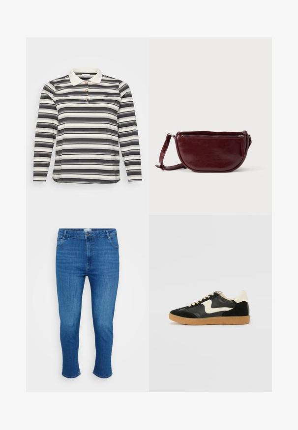 Polo shirt met lange mouwen in een zwart-wit gestreept patroon, voorzien van een contrasterende witte kraag en drie decoratieve knoopaccenten.; Blauwe denim jeans met een hoge taille, voorknop en rits, vijf zakken en een slim rechte pasvorm.; Zwarte suède en leren sneaker met een crèmekleurige zij-swoosh en lichte crèmekleurige hiel. Voorzien van beige veters en een gumrubberen zool.; Dieprode lederen handtas met een halve-maansvorm, een ritssluiting en een afneembare riem. Gladde textuur met een subtiele glans.