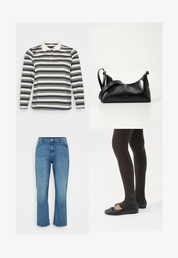 Polo à manches longues avec un motif rayé noir et blanc, doté d'un col blanc en contraste et de trois accents de boutons décoratifs.; Jean en denim bleu clair avec une coupe droite, comportant cinq poches, des passants de ceinture et un léger délavage sur le devant.; Jambes portant des leggings côtelés foncés associés à des ballerines noires avec de petits détails en nœud sur fond blanc.; Sac à main en cuir noir avec une texture lisse. Dispose d'une bandoulière adjustable et d'un design élégant et minimaliste avec une fermeture éclair.