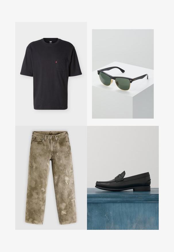 T-shirt noir à manches courtes et col rond avec poche poitrine et petite étiquette logo rouge Levi's sur la poche, sur fond clair uni.; Jean large couleur kaki avec une texture usée, présentant des éclaboussures de peinture claires et un design à cinq poches. Confectionné en denim.; Mocassins en cuir noir avec un bout arrondi, des coutures détaillées et un petit talon carré. Texture lisse et design minimaliste.; Lunettes de soleil Ray-Ban avec des verres verts, monture en plastique noir et accents dorés sur les bords. Forme carrée avec une finition mate.