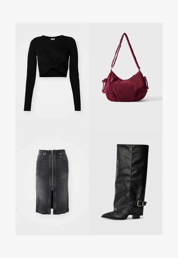 Zwarte cropped top met lange mouwen, gemaakt van zachte stof, met een gedraaide voorkant en een ronde halslijn, en aansluitende mouwen.; Zwarte denim rok met een ritssluiting aan de voorkant, twee zijzakken, een middelmatig lange snit en subtiele vervaging. Heeft een rechte snit en afgewerkte randen.; Zwarte leren enkellange laarzen met een spitse neus, een gladde textuur en een zilveren gesps Accent aan de zijkant. Stevige vierkante hak.; Zachte kastanjebruine corduroy schoudertas met verstelbare band, ritssluiting, zijstrikjes en een voorvak met rits.