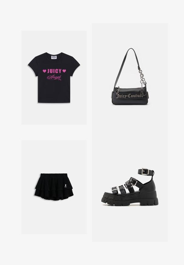 T-shirt en coton noir à manches courtes, avec un texte rose vif : « JUICY » accompagné de cœurs et « Angel » en écriture cursive.; Mini-jupe noire à volants avec taille élastique et petit logo blanc sur le côté droit, présentée sur un fond clair uni.; Sandales à plateforme noires avec une semelle en caoutchouc épaisse, dotées de plusieurs brides réglables et de boucles métalliques. Tige en cuir lisse.; Sac à main noir en matériau synthétique texturé. Dispose d'une bandoulière en chaîne et d'un logo "Juicy Couture" en argent affiché en évidence sur le devant.