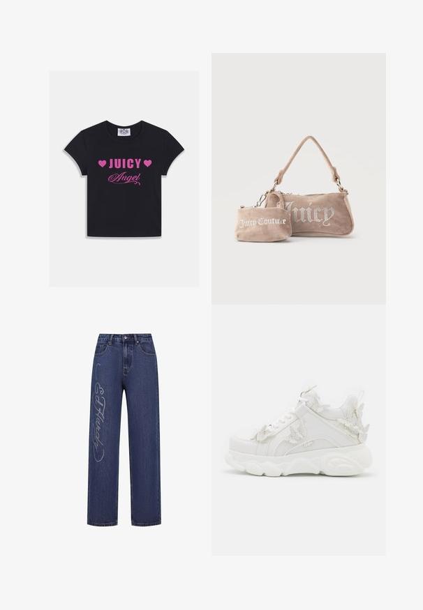 Camiseta negra de algodón con mangas cortas, que presenta un texto en negrita color rosa: "JUICY" con corazones y "Angel" en una fuente cursiva.; Vaqueros de mezclilla de color azul oscuro con un corte holgado, adornados con brillantes de plata que forman el texto "Ed Hardy" a lo largo de la pierna izquierda.; Zapatilla blanca gruesa con suela gruesa y detalles decorativos de mariposas 3D en el lateral, los cordones y el talón.; Dos bolsos de ante beige de Juicy Couture, uno pequeño de muñeca con el logo y el otro un bolso de hombro con el texto "Juicy" en pedrería.