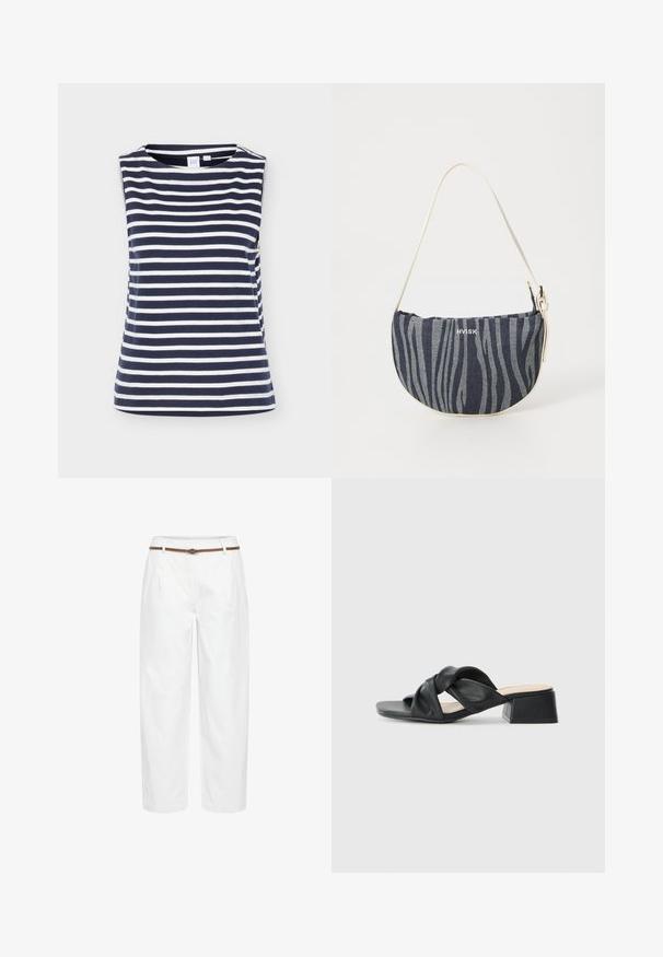 Ärmelloses navyblaue und weiße Top mit horizontalen Streifen und Rundhalsausschnitt, aus weichem Baumwollstoff, auf einfarbigem Hintergrund dargestellt.; Weiße, hoch taillierte Maßhose mit Falten und einem dünnen braunen Gürtel, gerader Beinverlauf, auf weißem Hintergrund dargestellt.; Schwarze Ledersandale mit einem gedrehten Oberdesign, quadratischer Zehenpartie und einem niedrigen Blockabsatz, ausgestattet mit einer glatten Textur und minimalistischen Stil.; Denim-Handtasche mit geschwungener Form, die ein navy- und hellblaues Zebra-Streifenmuster aufweist, einen weißen Trageriemen hat und das Markenlogo prominent präsentiert.