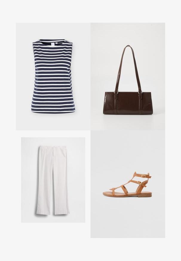 Haut sans manches rayé horizontal bleu marine et blanc avec col rond, en tissu coton doux, présenté sur fond uni.; Pantalon blanc à jambes droites avec fermeture éclair et bouton à l'avant, présenté à plat sur fond blanc.; Sandales en cuir marron avec plusieurs sangles, hauteur cheville, et deux fermetures à boucle réglables, présentant une semelle plate et un design minimaliste.; Sac à main en cuir verni marron de forme rectangulaire, avec deux longues poignées et des accents courbés subtils à l'avant.