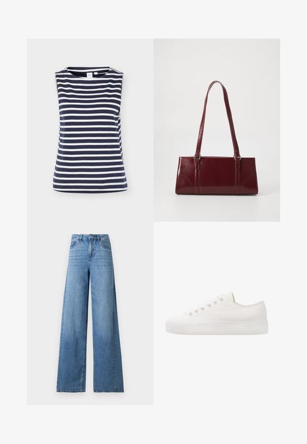 Mouwloze marineblauwe en witte top met horizontale strepen en een ronde hals, gemaakt van zachte katoenen stof, afgebeeld op een effen achtergrond.; Lichtblauwe jeans met wijde pijpen en een hoge taille, voorzien van knopen en rits aan de voorkant, voor- en achterzakken, en subtiele vervaagde details op de dijen.; Witte canvas sneaker met ronde neus, zes oogjes voor veters, structuur rubberen zool en subtiele stikdetails langs de zijkanten.; Bourgondische handtas van glanzend materiaal, rechthoekige vorm, met twee schouderbanden en subtiele gebogen accenten aan de voorkant.