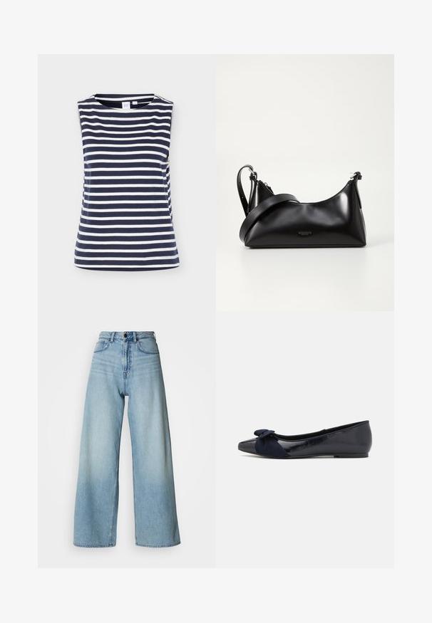 Haut sans manches rayé horizontal bleu marine et blanc avec col rond, en tissu coton doux, présenté sur fond uni.; Jean bleu clair de style taille haute à jambes larges, en denim, avec un design à cinq poches et un délavage subtil pour la texture.; Ballerines navy avec une finition laquée brillante et un détail en suède texturé en forme de nœud sur le bout, présentant un bout rond et une semelle plate.; Sac à main en cuir noir avec une texture lisse. Dispose d'une bandoulière adjustable et d'un design élégant et minimaliste avec une fermeture éclair.