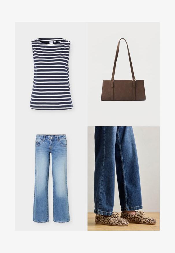 Ærmeløs navyblå og hvid top med vandrette striber og rund halsudskæring, lavet af blødt bomuldsmateriale, vist på ensfarvet baggrund.; Lyseblå denimjeans med en let vidde i benene, femlommefacon og knap- og lynlåslukning foran.; Læderloafers med leopardmønster, lavet af ruskind, med rund tå, snøre-design og flade, fleksible såler, parret med blå denim jeans.; Brun rektangulær skuldertaske med lange stropper og minimale syningsdetaljer på en ensfarvet baggrund.