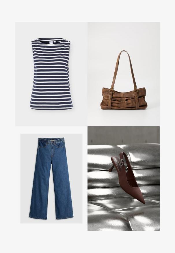 Ærmeløs navyblå og hvid top med vandrette striber og rund halsudskæring, lavet af blødt bomuldsmateriale, vist på ensfarvet baggrund.; Bredde ben blå denim jeans med høj talje, der har et klassisk fem-lomme design og en tekstureret taljebånd.; Brun spids slingback-sko med lav hæl og spænde, hvilende på en skinnende, metallisk sølv tuftet overflade.; Even&Odd Håndtasker - brown