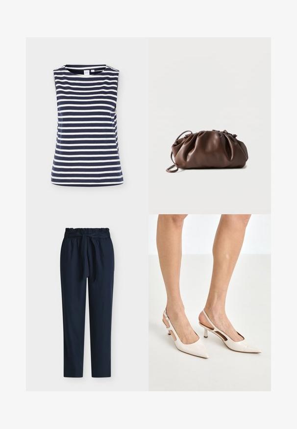 Haut sans manches rayé horizontal bleu marine et blanc avec col rond, en tissu coton doux, présenté sur fond uni.; Pantalon bleu marine taille haute avec taille paperbag et ceinture en tissu nouée en nœud devant.; Escarpins à talon slingback en cuir verni beige avec un bout pointu et un talon de 5 cm, présentant des côtés découpés et une fine bride à la cheville.; Sacoche en cuir marron doux avec un haut froncé et une fine bandoulière, posée sur un fond blanc.