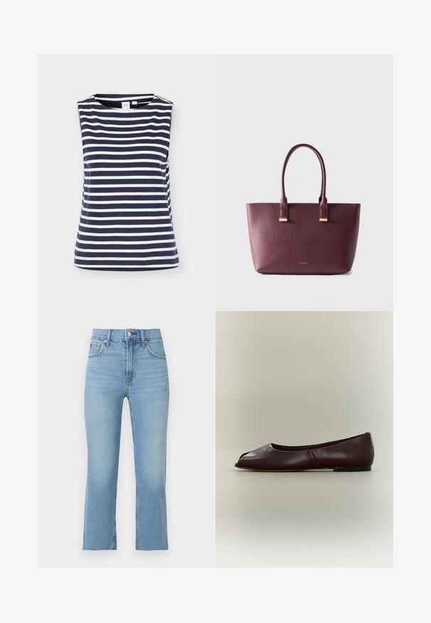 Haut sans manches rayé horizontal bleu marine et blanc avec col rond, en tissu coton doux, présenté sur fond uni.; Jean en denim bleu clair avec coupe droite, fermeture par boutons à l'avant, passants de ceinture et cinq poches sur un fond blanc uni.; Chaussure plate en cuir marron foncé avec bout ouvert et petit talon sur fond clair uni.; Sac fourre-tout en cuir violet foncé avec deux poignées et petit logo de marque doré sur le devant, posé sur un fond clair uni.