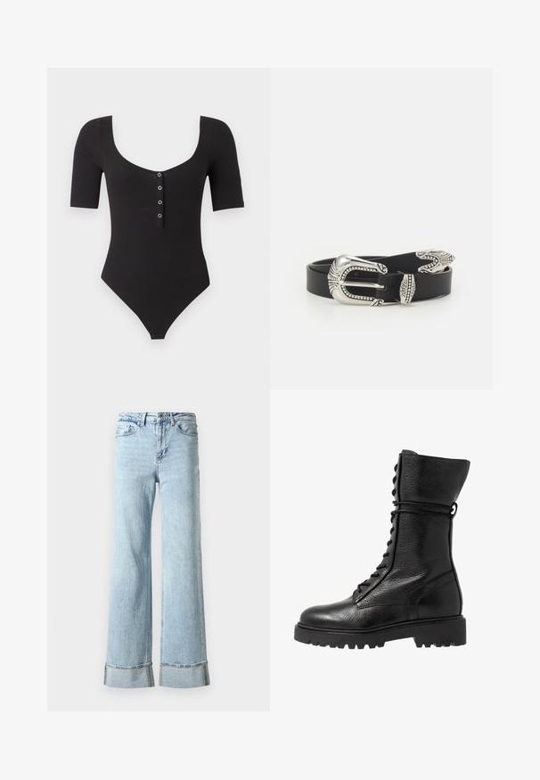 Sort ribbet body med korte ærmer, rund halsudskæring og fire trykknapper midt foran.; Lysblå denim jeans med brede ben, frynset kant og dekorative rhinsten detaljer ved manchetterne. Standard fem-lomme design.; Sorte læder kampstøvler med en struktureret overflade, knæhøjt design, snørebånd foran og en kraftig gummisål med rillemønster.; Sort læderbælte med en stor sølvmetalspænde, der har indviklede detaljer og dekorative accenter i begge ender.