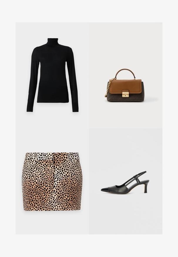 Svart rullekragegenser laget av mykt, lett materiale. Har lange ermer og en tettsittende design med høy hals.; Leopardmønstret miniskjørt med beige bakgrunn og svarte flekker, tettsittende design og flat midjebånd med beltehemper.; Svart slingbacksko i skinn med spiss tå, med en blank detalj på tåhetten og middels høy hæl. Åpen sidedesign.; Brun skinnveske med et mørkt logomønster, gullfarget maskinvare, håndtak på toppen og en kjedestropp. Geometrisk form med klaffelukking.