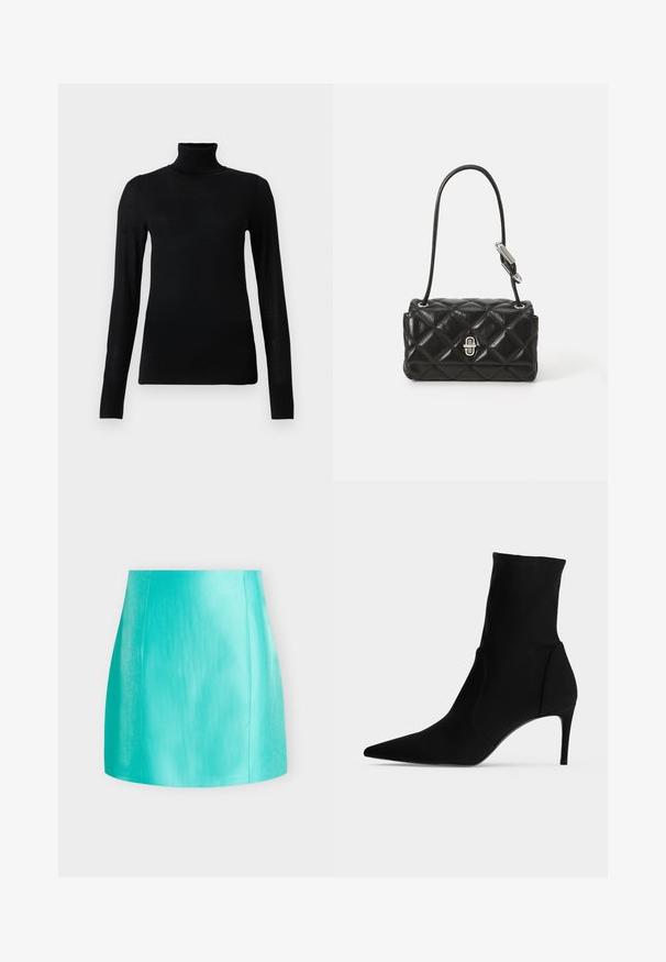 Μαύρο πουλόβερ με ψηλό λαιμό φτιαγμένο από μαλακό, ελαφρύ υλικό. Διαθέτει μακριά μανίκια και εφαρμοσμένο σχέδιο.; Λάμπρυνη μίνι φούστα από τυρκουάζ δέρμα με ίσια γραμμή και διακριτικές κάθετες ραφές μπροστά.; Μαύρη μποτίνι στον αστράγαλο με μυτερή μύτη και λεπτό ψηλό τακούνι, εμφανίζεται προφίλ σε ανοιχτό φόντο. Κομψός, μινιμαλιστικός σχεδιασμός.; Μαύρη δερμάτινη τσάντα με καπιτονέ σχέδιο, στρογγυλή μορφή, κοντό λουρί ώμου και ασημί μεταλλικά εξαρτήματα με λεπτομέρεια κλεισίματος.