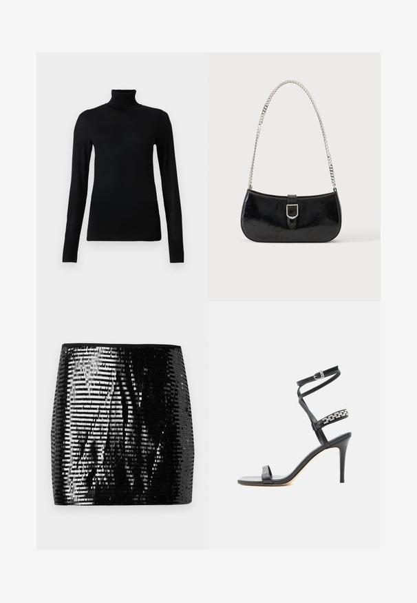 Pull à col roulé noir en matériau doux et léger. Il a des manches longues et une coupe ajustée avec un col haut.; Jupe mini en sequins noirs avec une silhouette ajustée. Composée de sequins métalliques brillants disposés en rangées, réfléchissant la lumière. Bordée d'une taille noire unie.; Sandale noire à talon haut avec fine bride à la cheville, bride médiane décorée de maillons de chaîne argentés, et design à bout ouvert.; Sac à épaule en cuir verni noir avec détail de boucle argentée et bandoulière en chaîne argentée, présenté sur un fond uni clair.
