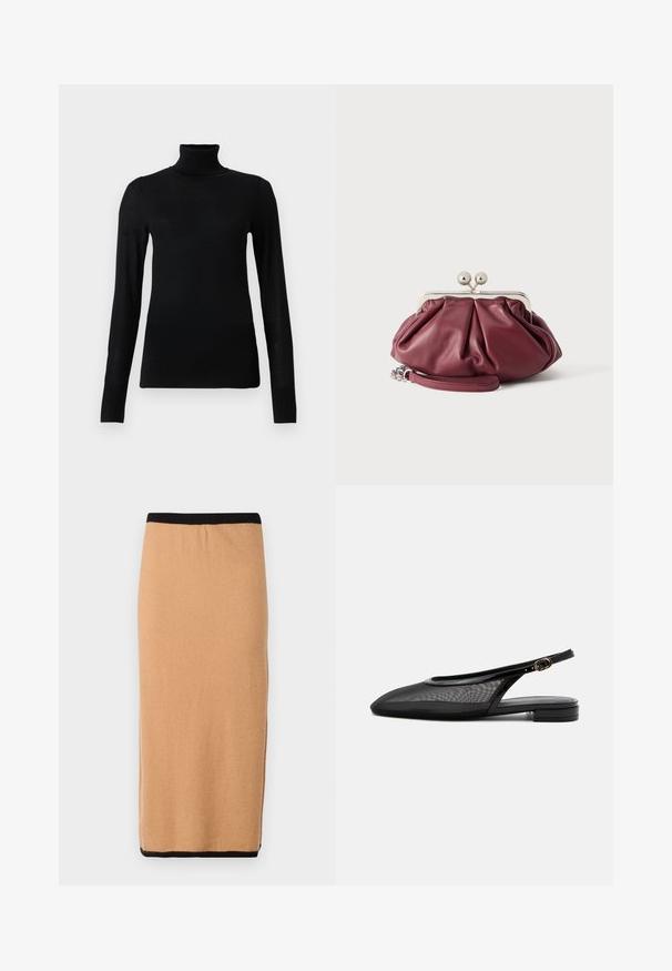 Sort turtleneck sweater lavet af blødt, letvægtsmateriale. Har lange ærmer og en tætsiddende stil med høj krave.; Knælang, kamelfarvet striknederdel med sort elastisk talje og en glat tekstur. Enkel design, ingen synlige mønstre eller detaljer.; Sort slingback flad sko med spids tå, mesh overdel, justerbar spænde rem og lav stablet hæl på hvid baggrund.; Lille bordeaux rød læder clutch-pung med sølv metal lukning og håndledsrem på hvid baggrund.