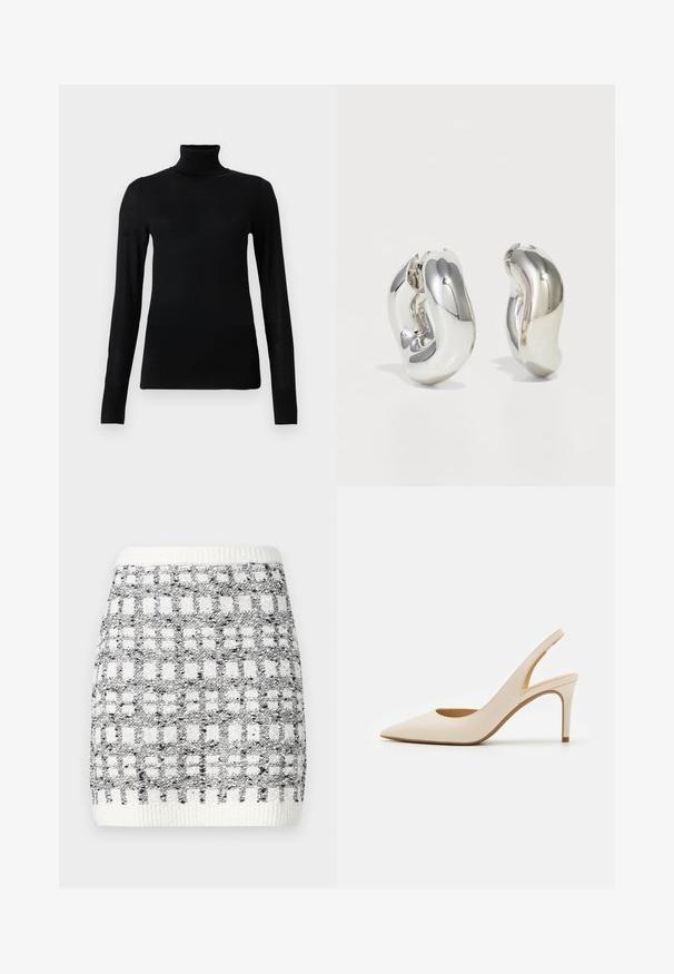 Sort turtleneck sweater lavet af blødt, letvægtsmateriale. Har lange ærmer og en tætsiddende stil med høj krave.; Striknederdel i sort og hvid med et firkantet mønster, der har en ribbet elastik og en tekstureret overflade. Længde over knæet.; Beige læder slingback-pumpe med spids tå og en tynd høj hæl. Har en udskæring ved hælen og en glat finish.; Sølvskulpturelle øreringe med glatte, buede former og reflekterende overflader. Har et lukket hoop-design og en markant organisk form.