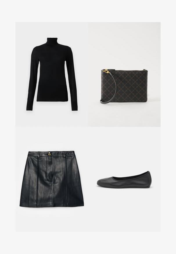 Schwarzer Rollkragenpullover aus weichem, leichtem Material. Mit langen Ärmeln und einem taillierten Design mit hohem Kragen.; AERON RUDENS SKIRT - A-Linien-Rock - black; Schwarze Leder-Ballettschuhe mit abgerundeter Spitze, glatter Textur, minimalen Nähdetails und einem flexiblen Sohlen-Design.; Kleine rechteckige schwarze Clutch mit braunem Rautenmuster, goldenem Reißverschluss und abnehmbarem Handgelenkriemen auf weißem Hintergrund.