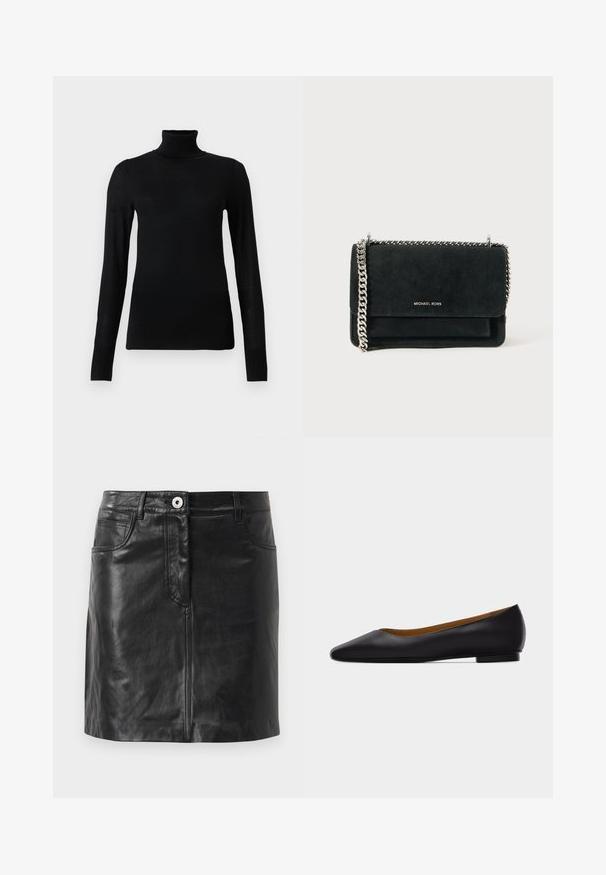 Sort turtleneck sweater lavet af blødt, letvægtsmateriale. Har lange ærmer og en tætsiddende stil med høj krave.; Weekend Max Mara HULL - Pencil skirt - nero; Sort læder flad sko med spids tå, lav hæl og glat finish, vist fra siden på en lysegrå baggrund.; Sort ruskind pouchette med en sølv kæderekke, der har en klaplukning og prægede logo detaljer på fronten. Kompakt og rektangulær form.