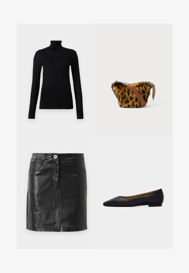 Sort turtleneck sweater lavet af blødt, letvægtsmateriale. Har lange ærmer og en tætsiddende stil med høj krave.; Weekend Max Mara HULL - Pencil skirt - nero; Sort læder flad sko med spids tå, lav hæl og glat finish, vist fra siden på en lysegrå baggrund.; Leopardmønstret faux fur taske med en brun læderrem, der har en rund form og guldbelægning.