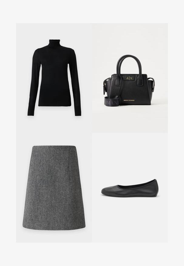 Sort turtleneck sweater lavet af blødt, letvægtsmateriale. Har lange ærmer og en tætsiddende stil med høj krave.; Grå fiskebensmønster nederdel med en udvidet A-linjeform, lavet af tekstureret stof. Har en ren talje og ingen synlige detaljer eller pynt.; Sort læderballetsko med rund tå, glat tekstur, minimal syning og et fleksibelt såldesign.; Sort Armani Exchange håndtaske med dobbelte håndtag, gyldent mærkelogo foran og en bred sort justerbar skulderrem med Armani-tekst.