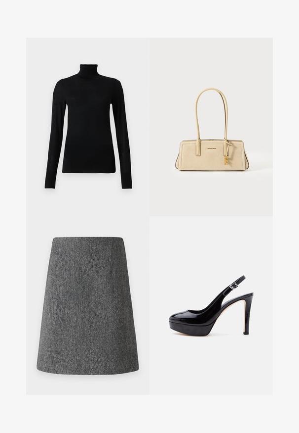 Sort turtleneck sweater lavet af blødt, letvægtsmateriale. Har lange ærmer og en tætsiddende stil med høj krave.; Grå fiskebensmønster nederdel med en udvidet A-linjeform, lavet af tekstureret stof. Har en ren talje og ingen synlige detaljer eller pynt.; Sort laklæder stiletthæl med plateau og slingback, med sølvspænde og rund tå, vist fra siden på hvid baggrund.; Beige rektangulær taske med lange håndtag, glat og ruskindsoverflade, gyldent logo og dekorativt gyldent vedhæng hængende fra det ene håndtag.