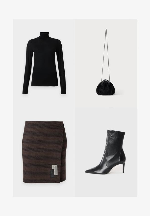 Sort turtleneck sweater lavet af blødt, letvægtsmateriale. Har lange ærmer og en tætsiddende stil med høj krave.; Brun nederdel lavet af struktureret stof, prydet med vandrette striber i varierede nuancer. Etiketten på siden viser brandnavnet og plejebeskrivelser.; Sorte ankelstøvler lavet af glat læder, med spids tå, tætsiddende skaft og en slank høj hæl. Minimalistisk design uden synligt hardware.; Lille sort taske i kunstpels med flettede top-håndtag og lang tynd skulderrem på ensfarvet baggrund.
