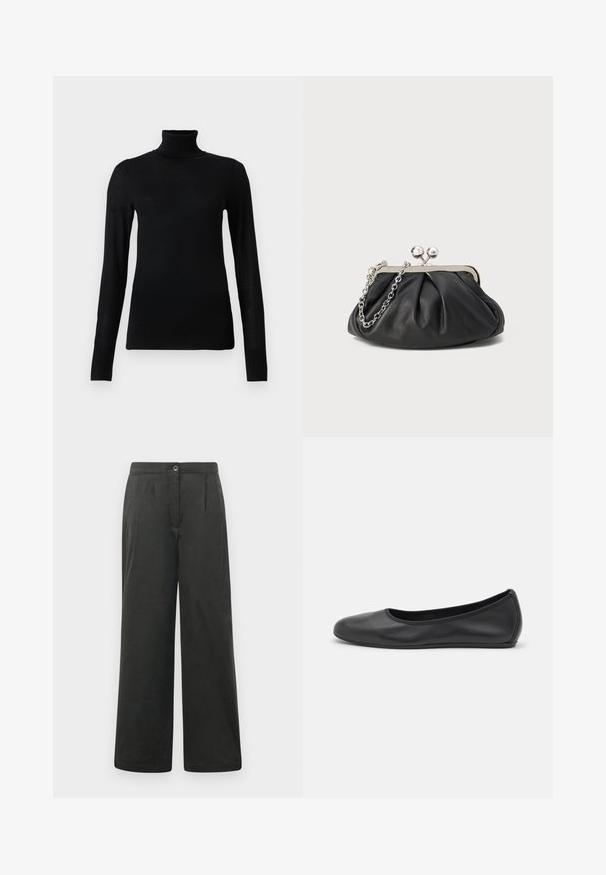 Pull à col roulé noir en matériau doux et léger. Il a des manches longues et une coupe ajustée avec un col haut.; Pantalons larges noirs avec une texture lisse, dotés de plis avant, d'une fermeture à bouton et d'une taille élastique pour plus de confort.; Ballerines en cuir noir avec un bout rond, texture lisse, détails de couture minimalistes et design de semelle flexible.; Porte-monnaie en cuir noir avec texture froncée, cadre en métal argenté, fermeture à verrouillage kiss-lock et bandoulière en chaîne. Surface lisse et douce.