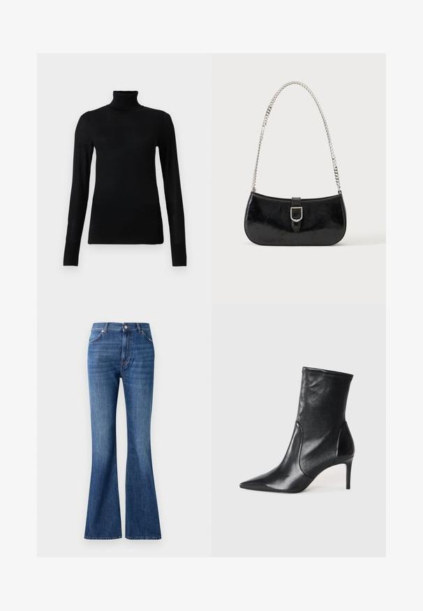 Pull à col roulé noir en matériau doux et léger. Il a des manches longues et une coupe ajustée avec un col haut.; Jeans évasés bleus en denim, dotés d'une taille haute, de cinq poches et d'un léger effet d'usure près des coutures.; Bottes noires à la cheville en cuir lisse, dotées d'un bout pointu, d'un tige ajustée et d'un talon haut fin. Design minimaliste sans quincaillerie visible.; Sac à épaule en cuir verni noir avec détail de boucle argentée et bandoulière en chaîne argentée, présenté sur un fond uni clair.