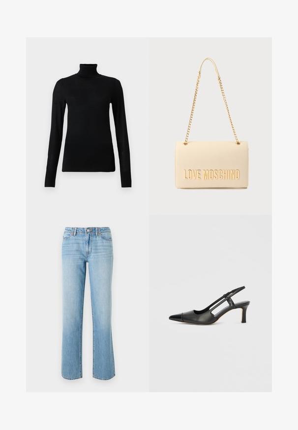 Zwarte coltrui van zacht, lichtgewicht materiaal. Voorzien van lange mouwen en een aansluitend ontwerp met een hoge kraag.; RE/DONE THE SANASA - Relaxed fit jeans - media noche; Zwarte leren slingback schoen met een puntige neus, voorzien van een glanzend detail op de neuskap en een hak van gemiddelde hoogte. Open zijkant ontwerp.; Beige rechthoekige handtas met gouden kettingriem en gouden "LOVE MOSCHINO" opschrift op de voorflap.