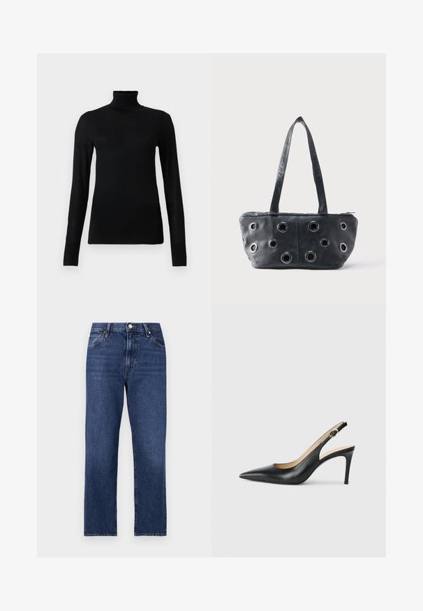 Sort turtleneck sweater lavet af blødt, letvægtsmateriale. Har lange ærmer og en tætsiddende stil med høj krave.; Denim jeans i en mørkeblå vask. Lige ben-design med fem-lomme stil, front lukning med knap og kontrasterende syning.; Sorte læder slingback højhælede sko med spids tå, justerbar rem og en slank stiletto hæl, der har en glat finish.; Sort læderhåndtaske med to håndtag og flere sølvfarvede metaløjer på frontpanelet, sat mod en ensartet lys baggrund.