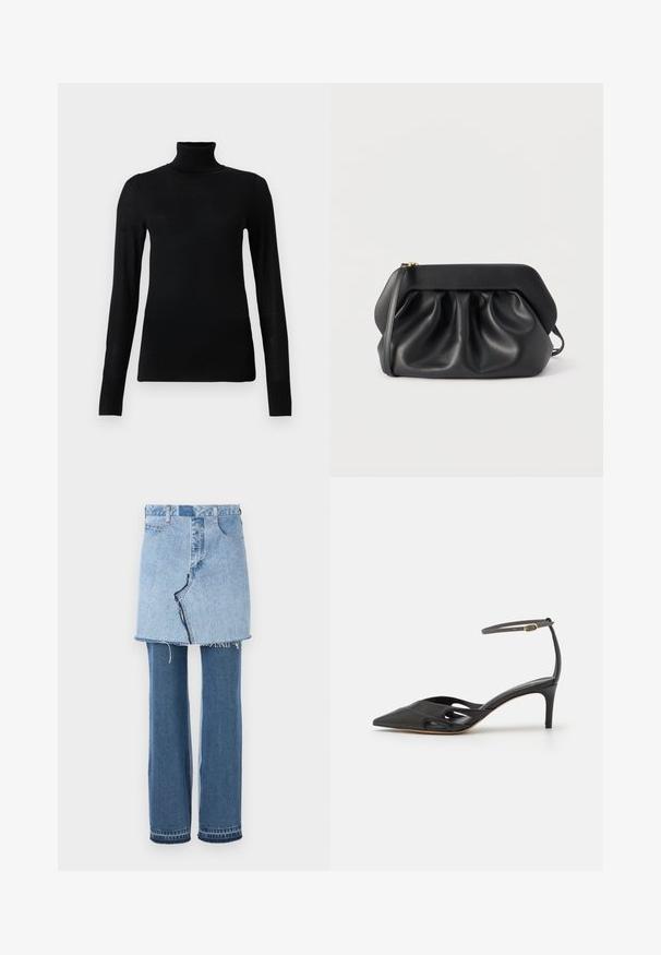 Sort turtleneck sweater lavet af blødt, letvægtsmateriale. Har lange ærmer og en tætsiddende stil med høj krave.; Denim beklædning, der kombinerer en lys blå miniskørt ovenfor og mørkeblå udvidede jeans nedenfor; har frynset kant og klassisk denimtekstur.; Sort læder højhælet sko med spids tå, åbne sider og en tynd ankelrem med en lille guld detalje.; Sort læderclutch med struktureret ramme, rynkedetaljer og en slank håndledsrem på hvid baggrund.