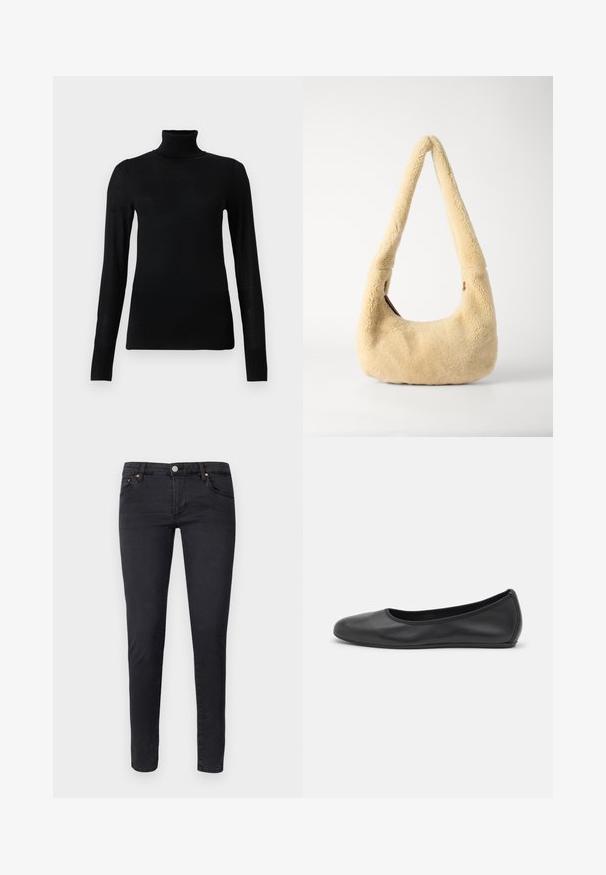 Čierny rolák vyrobený z mäkkého, ľahkého materiálu. Má dlhé rukávy a priliehavý strih s vysokým golierom.; AG Jeans Džínsy skinny fit - anthracite black; Čierne kožené baleríny s okrúhlou špičkou, hladkým povrchom, minimálnym prešívaním a flexibilným dizajnom podrážky.; Bežová kožušinová taška na rameno s zakrivenou rukoväťou a zaobleným tvarom. Textúra je jemná a plyšová, s minimálnymi kovovými akcentmi.