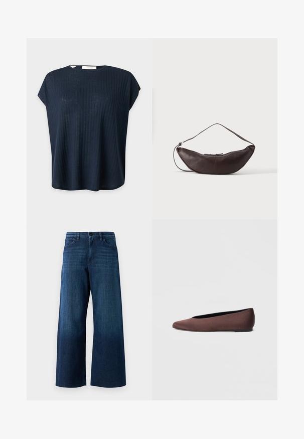 Mørk marineblå kortærmet ribstrikket top med rund halsudskæring og løs pasform.; Bredde ben mørkeblå denimjeans med frontknap, bæltestropper og klassisk fem-lomme design på ensfarvet baggrund.; Brune balletflade sko i stof med spids tå og glat tekstur, med lav hælkappe og tynd sort sål. Ingen synlige mønstre eller beslag.; Mørkebrun læder skuldertaske i halvmåneform med buet rem og synlige syninger på ensfarvet baggrund.