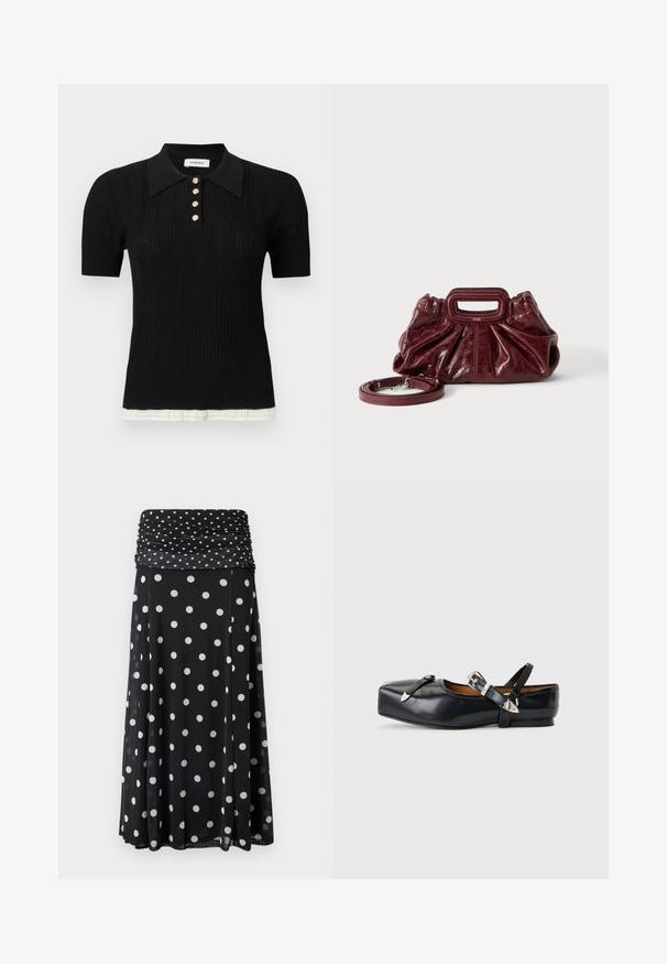 Polo en maille noire à manches courtes avec texture côtelée, cinq boutons dorés, col pointu et bordure blanche à l'ourlet.; Jupe noire avec une ceinture froncée et plissée, ornée de pois blancs et d'un design fluide. Fabriquée en tissu léger.; Chaussure plate en cuir noir avec bout carré, deux brides à boucle argentée, et un petit talon sur un fond gris clair.; Petit sac à main en cuir rouge foncé avec texture froncée, poignée rectangulaire découpée pour la main et bandoulière détachable sur fond blanc.