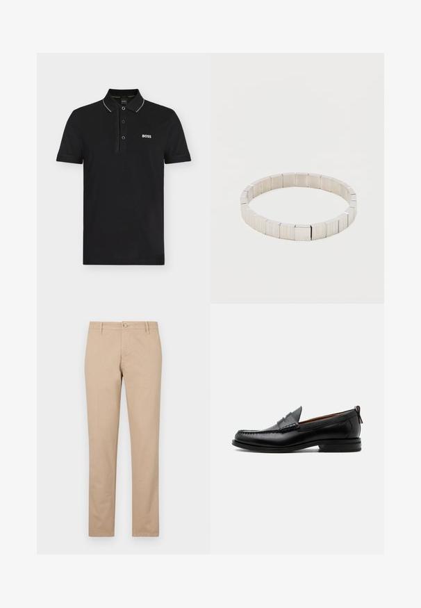 Polo negro de manga corta con ribete blanco en el cuello, tapeta de tres botones y logo blanco "BOSS" en el pecho izquierdo.; Pantalones beige de algodón con corte recto, que cuentan con un cierre frontal de botones, bolsillos laterales y detalles de textura sutil.; Mocasín de hombre de piel negra con costura moc toe, tira penny, cuello texturizado y tacón bajo apilado sobre fondo blanco.; Pulsera de plata hecha de eslabones de metal rectangulares con una superficie texturizada y bordes suaves, que presenta un branding sutil.