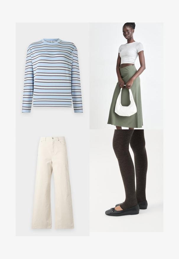 T-shirt à manches longues en coton bleu clair avec des rayures horizontales marron, crème et bleu. Col rond avec un simple détail de couture.; Pantalons beige à jambes larges en coton, avec une fermeture à bouton sur le devant, des poches latérales et une texture lisse. Design minimaliste sans motifs.; Jambes portant des leggings côtelés foncés associés à des ballerines noires avec de petits détails en nœud sur fond blanc.; Top court rayé gris et jupe taille haute verte olive. Le mannequin tient un sac à bandoulière blanc avec des découpes. Design simple, silhouette ajustée.
