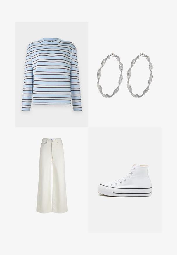 T-shirt à manches longues en coton bleu clair avec des rayures horizontales marron, crème et bleu. Col rond avec un simple détail de couture.; Jean en denim blanc taille haute à jambes larges, fermeture à boutons et zip devant, passants pour ceinture et détails de poches.; Baskets montantes blanches en toile, semelle en caoutchouc noir et bande noire contrastante sur la semelle intermédiaire. Bout rond et design à lacets.; Boucles d'oreilles en argent en forme de créoles avec un design torsadé, présentant une surface texturée et un fermoir sécurisé. Légères et réfléchissantes avec une finition élégante.