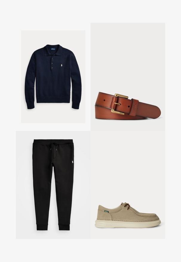 Tumesinine pika varrukaga kootud polo-särk, millel on kolm nuppu ja vasakul rinnal valge Polo Ralph Laureni tikandiga logo.; Mustad mustad tõmmud püksid pehmest kangast, millel on nöörvöö, sobivad varrukad ja väike valge logo vasakul jalal.; Beežid vabaaja nöörkingad tekstuurse kangaga pealsega, valge kummist tallaga ja väike roheline Polo kaubamärgi silt küljel.; Rikkalööv tõsises pruunis, millel on sile tekstuur. Omab kuldse tooni metallist pandlit ja reljeefse logode detaili. Mitmed suuruseaugud.