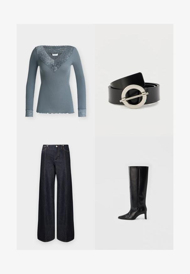 Haut bleu-gris côtelé à manches longues avec encolure en V et bordure en dentelle au col et aux poignets, détail d'ourlet festonné.; Jean bleu foncé à jambes larges avec poches avant, passants pour ceinture et coutures orange, présenté sur un fond blanc uni.; Bottes noires montantes en cuir lisse, avec un bout pointu et un talon fin, une tige ajustée et un design minimaliste.; Ceinture en cuir synthétique noir avec une boucle ronde en métal argenté. Texture plate et lisse avec un design épuré et sans motifs visibles.
