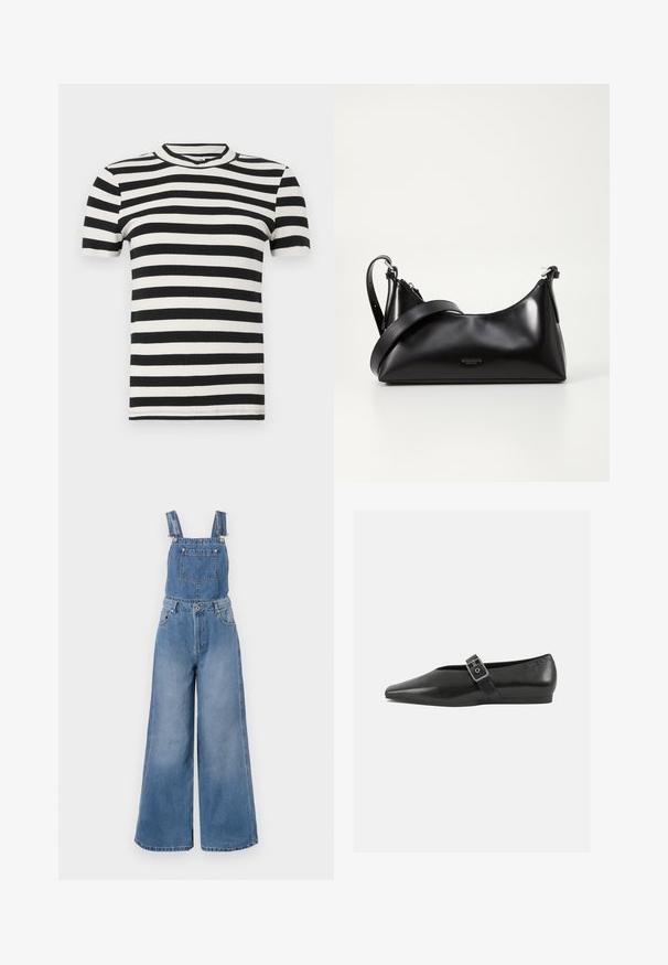 Schwarz-weißer gestreifter kurzärmeliger Ripp-T-Shirt mit Rundhalsausschnitt und enganliegender Silhouette. Weiche Textur überall.; Denim-Latzhose in Hellblau mit weitem Bein, verstellbaren Trägern, einer vorderen Tasche und silberner Hardware. Der Stoff weist eine feine Textur auf.; Schwarze Lederflachschuhe mit spitzem Zehenbereich, ausgestattet mit einem metallischen Riemen über dem Spann und einer niedrigen, flexiblen Sohle.; Schwarze lederne Handtasche mit glatter Textur. Verfügt über einen verstellbaren Riemen und ein elegantes, minimalistisches Design mit einem Reißverschluss.