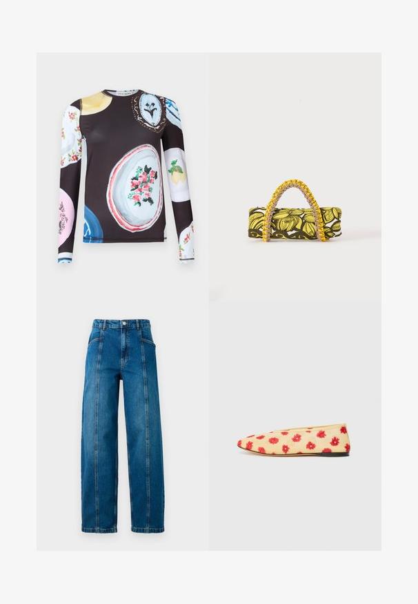 Langärmeliges Hemd mit dunklem Grund, das bunte, gemalte Tellerdesigns mit Blumen- und Fruchtmotiven auf Vorderseite und Ärmeln zeigt.; Hochtaillierte blaue Jeans aus Denim mit weit geschnittenen Beinen, vertikalen Nähten vorne, Seitentaschen, Gürtelschlaufen und einem Knopfverschluss.; Flache Schuhe mit einem gelben Obermaterial aus Stoff, das ein florales Muster in Rot aufweist. Spitz zulaufende Zehenpartie, minimalistisches Design und eine schwarze Gummisohle.; Rechteckige Tasche mit gelbem und schwarzem Blumenmuster und geflochtenem gelb-pinkem Griff auf weißem Hintergrund.
