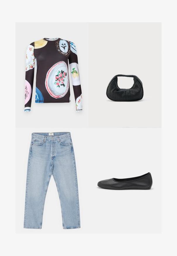 Langærmet skjorte med mørk bund, der har farverige malede tallerkenmotiver med blomster- og frugtmønstre på front og ærmer.; Lysblå denimjeans med en klassisk lige skåret ben, fem lommer og knaplukning, der har en subtil falmet effekt og en robust tekstur.; Sort læderballetsko med rund tå, glat tekstur, minimal syning og et fleksibelt såldesign.; Sort flettet hobo-taske med blød struktur og integreret håndtag, vist på en ensfarvet lys baggrund.